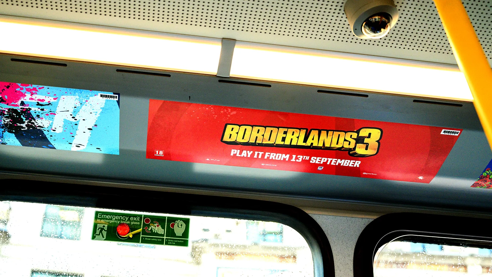 A closeup of a Borderlands 3 interior bus advert