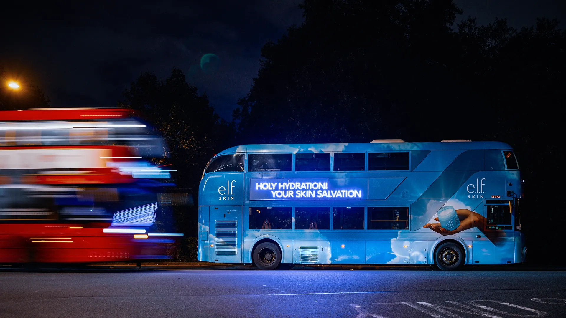 An innovotive fully-wrapped bus advert using integrated LED lighting for Elf Skin care