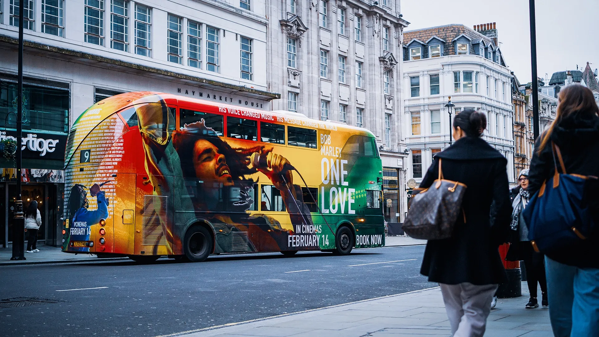 An eye-catching bus wrap used to promote the film of legendary musician Bob Marley