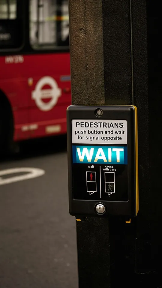 A pedestrian crossing signal showing the word 'wait'